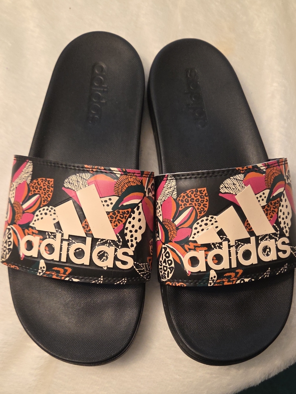 adidas Black Slide Sandals with Pink & Orange Floral Strap